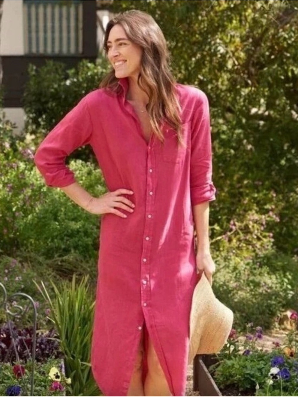 Frank & Eileen Hot Pink Linen Rory Shirt Dress
